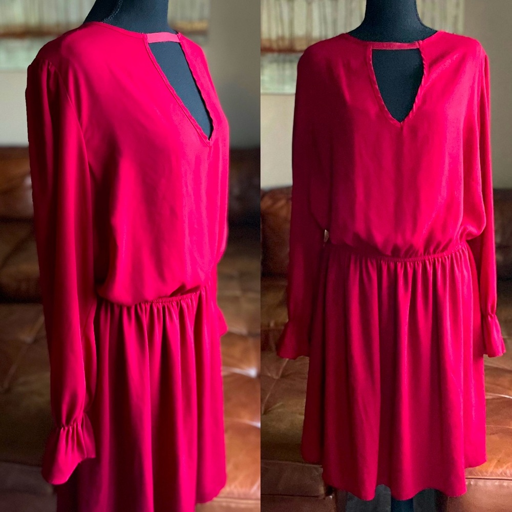 Bright Red Beautiful Dress Midi with Long Sleeves Detail on the Front - Picture 1 of 16